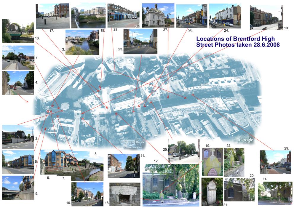 Google Earth image of New Brentford plus 29 colour photo images of the High Street area; each photo includes a pointer indicating where the photo was taken from and the direction the view is taken of; see list below for details