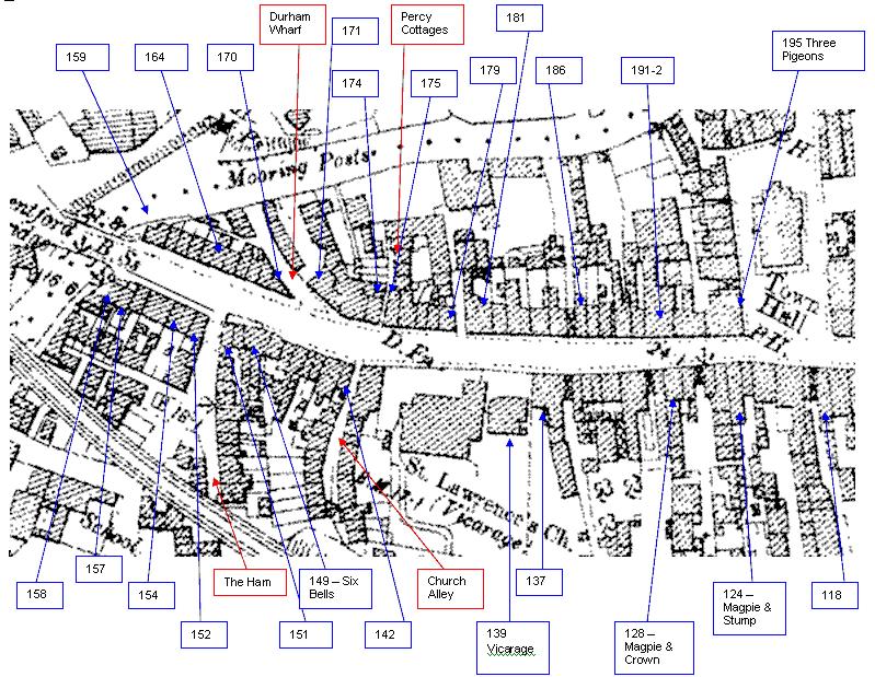 Annotated map showing house numbers, roads and public house names