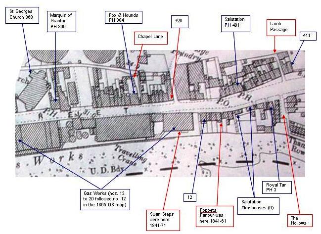 Annotated map showing house numbers, roads and public house names