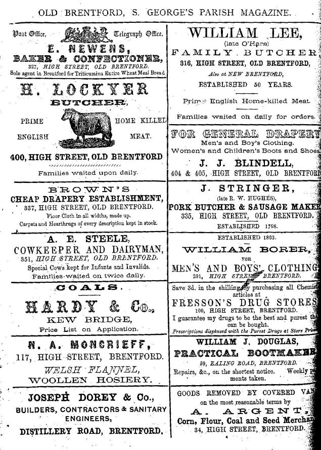 Page of adverts: E Newens baker; H Lockyer butcher;  Brown's cheap drapery; A E Steele cowkeeper & dairyman; Hardy & Co coals; N A Moncrieff draper; Joseph Dorey builder; William Lee butcher; J J Blindell clothiers;  J Stringer pork butcher; William Borer clothiers; Fresson's Drug Stores; William J Douglas bootmaker; A Argent corn, coal, flour & seed merchant