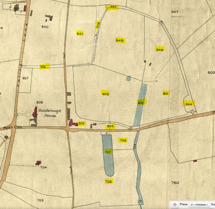 Ealing tithe map with Atkinson's farmland highlighted