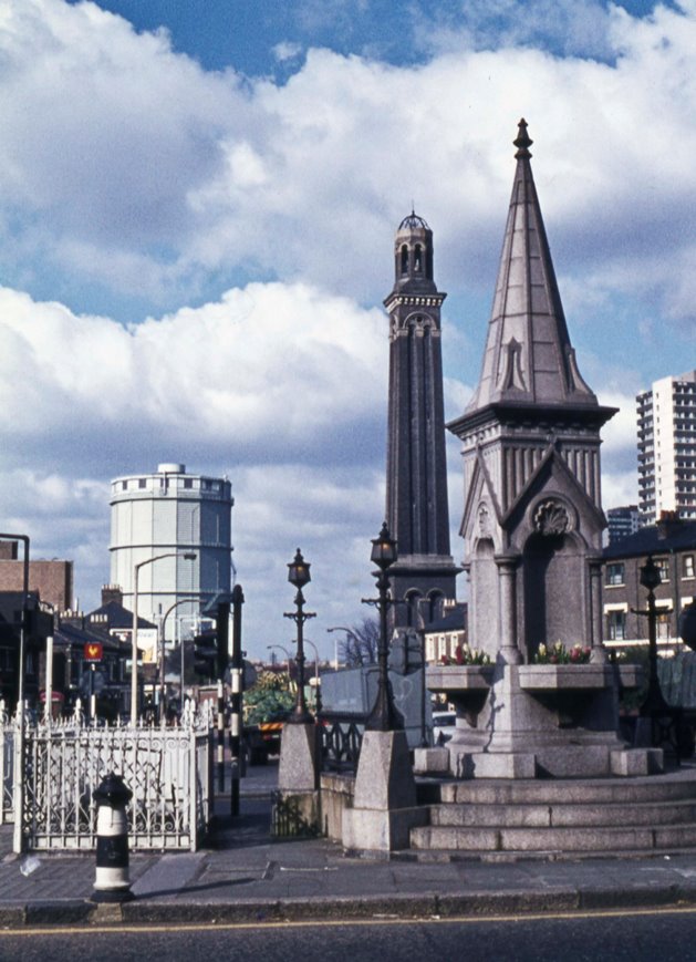 Fountain, gas holder, standpipe tower, flats