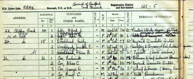 1939 Register entry, Clifden Road